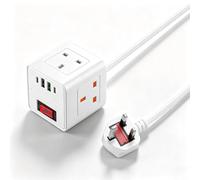 Cube Extension Lead with 4 USB Slots, 3 Way Multi Plug Extension Cable | Small Tower Extension Lead for Home, Office, Dorm Room, 2M, 10A/2500W,White (5V/2.1A )