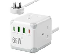Cube Extension Lead with USB C PD65W Fast Charging, 3 Way Multi Plug Extension Socket with 2 USB-A & 2 USB-C Ports, UK Power Strip with Switch, 13A Fused Plug, 1.5M Extension Cable for Home Office