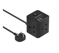 Cube Extension Lead with USB C Slots, 3 Way Power Extension with 4 USB (5V/3.1A 15.5W), Small Black Tower Extension Lead for Home, Office, Dorm Room, 2M, 13A/3250W