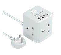 Cube Extension Lead with USB C Slots, 3 Way Power Extension with 4 USB (5V/3.1A 15.5W), Small Grey Tower Extension Lead for Home, Office, Dorm Room, 2M, 13A/3250W