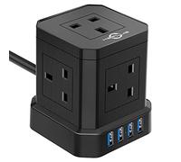 Cube Extension Lead with USB Slots, 5 Way Plug Extension with 4 USB(3.1A), KEPLUG Black Multi Plug Power Strip 2m Extension Cable,3250W/13A UK Power Socket Extension Cord for Desk Home Office Travel