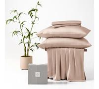CUBE HOME - Luxury Bedding 4 Pcs Set (260x220cm Duvet Cover + 75x50cm Pillowcases + Deep Pocket Fitted Sheet) 100% Natural Bamboo Soft Cooling Anti-Allergy Anti-Bacterial Super King Bed Camel