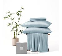 CUBE HOME - Luxury Bedding 4 Pcs Set (260x220cm Duvet Cover + 75x50cm Pillowcases + Deep Pocket Fitted Sheet) 100% Natural Bamboo Soft Cooling Anti-Allergy Anti-Bacterial Super King Bed Light Blue