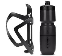 Cube HPA Anodised Top Loading Cage - Black & Flow Bottle - Black, 750ml / Alloy Lightweight Bicycle Cycling Cycle Bike MTB Mountain Road Water Drink Flask Bidon Bracket Mount Holder HPP Accessories