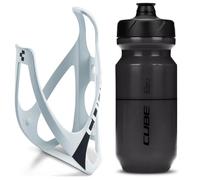 Cube HPP Cage - Light Grey & Flow Bottle - Black, 500ml / Water Drink Flask Vessel Bidon Holder Mount Bracket Kit Lightweight Plastic Drinking Hydration Biking Bike Riding Frame Accessories