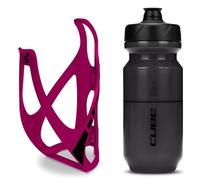 Cube HPP Cage - Matt Berry/Black & Flow Bottle - Black, 500ml / Water Drink Flask Vessel Bidon Holder Mount Bracket Kit Lightweight Plastic Drinking Hydration Biking Bike Riding Frame Accessories