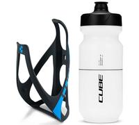 Cube HPP Cage - Matt Black/Blue & Flow Bottle - Clear, 500ml / Water Drink Flask Vessel Bidon Holder Mount Bracket Kit Lightweight Plastic Drinking Hydration Biking Bike Riding Frame Accessories