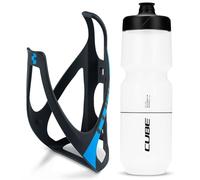 Cube HPP Cage - Matt Black/Blue & Flow Bottle - Clear, 750ml / Water Drink Flask Vessel Bidon Holder Mount Bracket Kit Lightweight Plastic Drinking Hydration Biking Bike Riding Frame Accessories