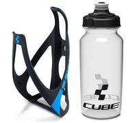 Cube HPP Cage - Matt Black/Blue & Icon Bottle - Clear, 500ml / Water Drink Flask Vessel Bidon Holder Mount Bracket Kit Lightweight Plastic Drinking Hydration Biking Bike Riding Frame Accessories