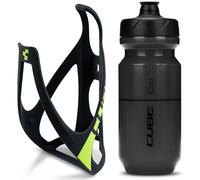 Cube HPP Cage - Matt Black/Green & Flow Bottle - Black, 500ml / Water Drink Flask Vessel Bidon Holder Mount Bracket Kit Lightweight Plastic Drinking Hydration Biking Bike Riding Frame Accessories