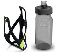 Cube HPP Cage - Matt Black/Green & Grip Bottle - Black, 500ml / Water Drink Flask Vessel Bidon Holder Mount Bracket Kit Lightweight Plastic Drinking Hydration Biking Bike Riding Frame Accessories