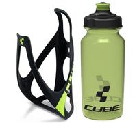 Cube HPP Cage - Matt Black/Green & Icon Bottle - Green, 500ml / Pair Kit Set Drinking Drink Water Juice Bidon Flask Holder Mount Bracket Bicycle Cycling Cycle Biking Bike Mountain MTB Road Riding Ride