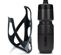 Cube HPP Cage - Matt Black/Grey & Flow Bottle - Black, 750ml / Lightweight Bicycle Cycling Cycle Bike MTB Mountain Road Water Drink Flask Bidon Bracket Mount Holder Carrier Kit Part Set Accessories