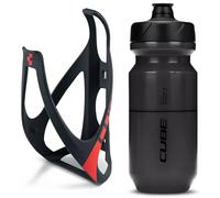 Cube HPP Cage - Matt Black/Red & Flow Bottle - Black, 500ml / Water Drink Flask Vessel Bidon Holder Mount Bracket Kit Lightweight Plastic Drinking Hydration Biking Bike Riding Frame Accessories
