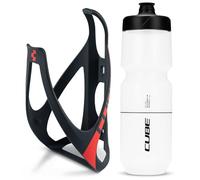 Cube HPP Cage - Matt Black/Red & Flow Bottle - Clear, 750ml / Water Drink Flask Vessel Bidon Holder Mount Bracket Kit Lightweight Plastic Drinking Hydration Biking Bike Riding Frame Accessories
