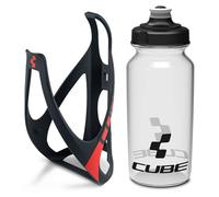 Cube HPP Cage - Matt Black/Red & Icon Bottle - Clear, 500ml / Water Drink Flask Vessel Bidon Holder Mount Bracket Kit Lightweight Plastic Drinking Hydration Biking Bike Riding Frame Accessories