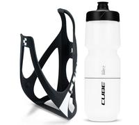 Cube HPP Cage - Matt Black/White & Flow Bottle - Clear, 750ml / Lightweight Bicycle Cycling Cycle Bike MTB Mountain Road Water Drink Flask Bidon Bracket Mount Holder Carrier Kit Part Set Accessories