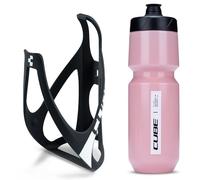 Cube HPP Cage - Matt Black/White & Flow Bottle - Rose, 750ml / Lightweight Bicycle Cycling Cycle Bike MTB Mountain Road Water Drink Flask Bidon Bracket Mount Holder Carrier Kit Part Set Accessories