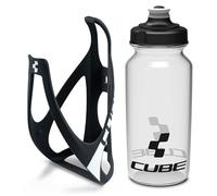 Cube HPP Cage - Matt Black/White & Icon Bottle - Clear, 500ml / Lightweight Bicycle Cycling Cycle Bike MTB Mountain Road Water Drink Flask Bidon Bracket Mount Holder Carrier Kit Part Set Accessories