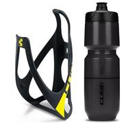 Cube HPP Cage - Matt Black/Yellow & Flow Bottle - Black, 750ml / Water Drink Flask Vessel Bidon Holder Mount Bracket Kit Lightweight Plastic Drinking Hydration Biking Bike Riding Frame Accessories