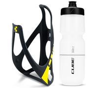 Cube HPP Cage - Matt Black/Yellow & Flow Bottle - Clear, 750ml / Water Drink Flask Vessel Bidon Holder Mount Bracket Kit Lightweight Plastic Drinking Hydration Biking Bike Riding Frame Accessories