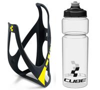 Cube HPP Cage - Matt Black/Yellow & Icon Bottle - Clear, 750ml / Water Drink Flask Vessel Bidon Holder Mount Bracket Kit Lightweight Plastic Drinking Hydration Biking Bike Riding Frame Accessories