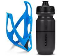 Cube HPP Cage - Matt Blue/Black & Flow Bottle - Black, 500ml / Water Drink Flask Vessel Bidon Holder Mount Bracket Kit Lightweight Plastic Drinking Hydration Biking Bike Riding Frame Accessories
