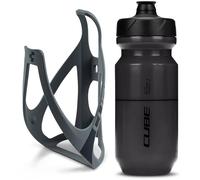 Cube HPP Cage - Matt Grey/Black & Flow Bottle - Black, 500ml / Water Drink Flask Vessel Bidon Holder Mount Bracket Kit Lightweight Plastic Drinking Hydration Biking Bike Riding Frame Accessories