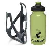 Cube HPP Cage - Matt Grey/Black & Icon Bottle - Green, 500ml / Water Drink Flask Vessel Bidon Holder Mount Bracket Kit Lightweight Plastic Drinking Hydration Biking Bike Riding Frame Accessories