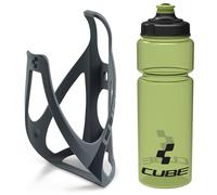 Cube HPP Cage - Matt Grey/Black & Icon Bottle - Green, 750ml / Water Drink Flask Vessel Bidon Holder Mount Bracket Kit Lightweight Plastic Drinking Hydration Biking Bike Riding Frame Accessories