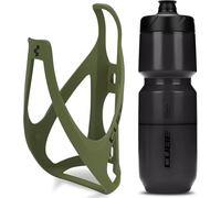 Cube HPP Cage - Matt Olive & Flow Bottle - Black, 750ml / Water Drink Flask Vessel Bidon Holder Mount Bracket Kit Lightweight Plastic Drinking Hydration Biking Bike Riding Frame Accessories
