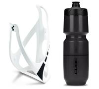 Cube HPP Cage - Matt White/Black & Flow Bottle - Black, 750ml / Water Drink Flask Vessel Bidon Holder Mount Bracket Kit Lightweight Plastic Drinking Hydration Biking Bike Riding Frame Accessories