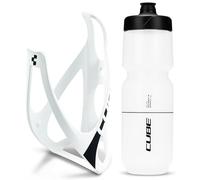 Cube HPP Cage - Matt White/Black & Flow Bottle - Clear, 750ml / Water Drink Flask Vessel Bidon Holder Mount Bracket Kit Lightweight Plastic Drinking Hydration Biking Bike Riding Frame Accessories