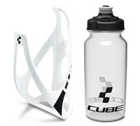 Cube HPP Cage - Matt White/Black & Icon Bottle - Clear, 500ml / Water Drink Flask Vessel Bidon Holder Mount Bracket Kit Lightweight Plastic Drinking Hydration Biking Bike Riding Frame Accessories