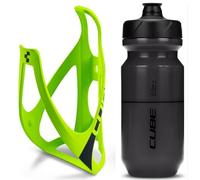 Cube HPP Cage - Neon Green/Black & Flow Bottle - Black, 500ml / Pair Kit Set Hydration Hydrate Drinking Drink Water Bidon Vessel Flask Holder Mount Bracket Bicycle Cycling Cycle Bike Accessories