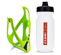 Cube HPP Cage - Neon Green/Black & Flow Bottle - White, 500ml / Pair Kit Set Hydration Hydrate Drinking Drink Water Bidon Vessel Flask Holder Mount Bracket Bicycle Cycling Cycle Bike Accessories