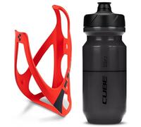 Cube HPP Cage - Red/Black & Flow Bottle - Black, 500ml / Water Drink Flask Vessel Bidon Holder Mount Bracket Kit Lightweight Plastic Drinking Hydration Biking Bike Riding Frame Accessories