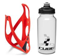 Cube HPP Cage - Red/Black & Icon Bottle - Clear, 500ml / Water Drink Flask Vessel Bidon Holder Mount Bracket Kit Lightweight Plastic Drinking Hydration Biking Bike Riding Frame Accessories