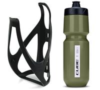 Cube HPP Cage - Stealth Black & Flow Bottle - Olive, 750ml / Water Drink Flask Vessel Bidon Holder Mount Bracket Kit Lightweight Plastic Drinking Hydration Biking Bike Riding Frame Accessories