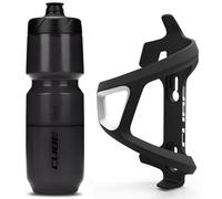 Cube HPP Left Side Loading Cage - Black & Flow Bottle - Black, 750ml / Lightweight Bicycle Cycling Cycle Bike MTB Mountain Road Water Drink Flask Bidon Bracket Mount Holder HPA HPP Set Accessories