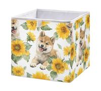 Cube Storage Bins Cute Little Dog Pattern with Sunflowers Collapsible Fabric Storage Baskets, for Bedroom, Living Room Study Room, 15x10x7 inch Large Clothes Organizer Box