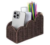 CubesLand Bedside Table Desk Organizer Caddy, Remote Pen&Pencil Holder Cup, Makeup Brush Holder w/Scalloped Perfect for Home, Office Desk, Living Room Table Decor, 3 Slots Brown
