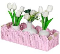 CubesLand Paper Rope Scalloped Edge Gift Basket Empty, Small Living Room, Bathroom,Bedroom Decor Baskets, Pink Woven Toilet Paper Storage Basket, with 2 Wooden Handle, Rectangular