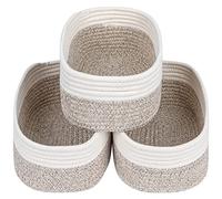 CubesLand Rope Woven Storage Baskets, Small Baby Nursery Organizer Basket, Rectangular Organization/Storage Bins, Closet Shelves Baskets，Empty Gift Basket 3 Packs, Off White/Light Brown