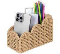 CubesLand Scalloped TV Remote Control Holder Bedside Organizer, Office Desk Caddy Storage Organizer Accessories, Pen Pencil Cup, Makeup Brush Holder, Fits Farmhouse Rustic Decor, Earth Friendly, Beige