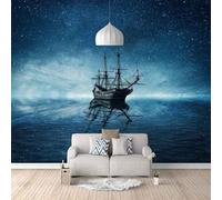 Cubic Blue Starry Sea Sailboat 3D Wallpaper Premium Textured Silk Study Dining Living Room Bedroom Sofa TV Wall Easy Install-400cm×280cm