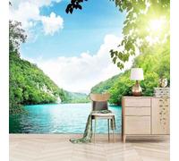 Cubic Sunlight Forest Lake Mountains 3D Wallpaper Premium Textured Silk Study Dining Living Room Bedroom Sofa TV Wall Easy Install-350cm×256cm
