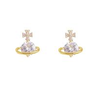 Cubic Zircon Silver Saturn Planet Stud Earrings, Gold Zircon Inlaid, Fashionable Saturn Pendant Design