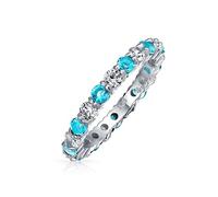 Cubic Zirconia Aqua Blue White Alternating Stackable CZ Eternity Ring Simulated Aquamarine Sterling Silver December