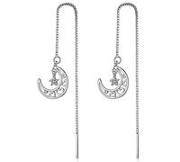 Cubic Zirconia Crystal Star and Moon Drop Dangle Earrings for Women/Girls 925 Sterling Silver Chain Ear Thread Dangle Earring